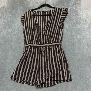 LOFT Wrap Romper Women's XS Black White Stripe Flutter Sleeve V-Neck Casual
